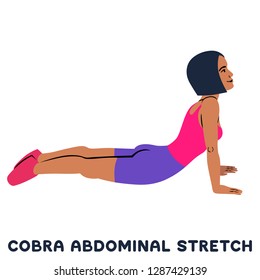 Cobra abdominal stretch. Old horse stretch. Sport exersice. Silhouettes of woman doing exercise. Workout, training Vector illustration