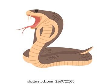 Cobra in an aggressive pose with its hood spread and tongue extended. Simple cartoon animal design. Perfect for reptile or wildlife theme. Vector illustration isolated on white background