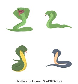 Ícones de animais Cobra definem o vetor de desenhos animados. Personagem de desenho animado de cobra Cobra. Animal, réptil