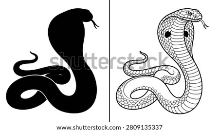Cobra Black Silhouette and Outline Set with Elegant Snake Design for Various Graphics and Decoration
