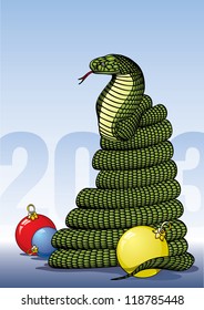 Cobra coiled surrounded by Christmas balls, vector