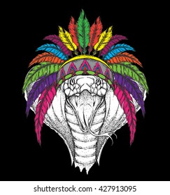 Cobra in the colorful Indian roach. Feather headdress of eagle. Hand draw vector illustration