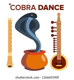 Cobra Dance Vector. Load Of Snakes. Flute And Pot. India. Isolated Cartoon Illustration