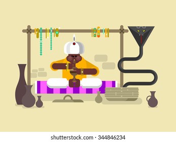 Cobra dances under flute. Charmer music, traditional asia man, animal poisonous, flat vector illustration