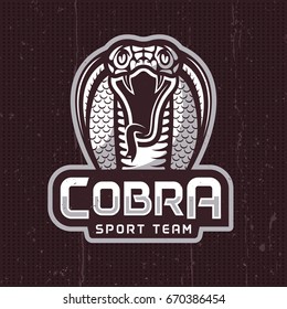 Cobra face emblem or logo for sport team with headline text vector template on dark background with grunge textures on separate layer