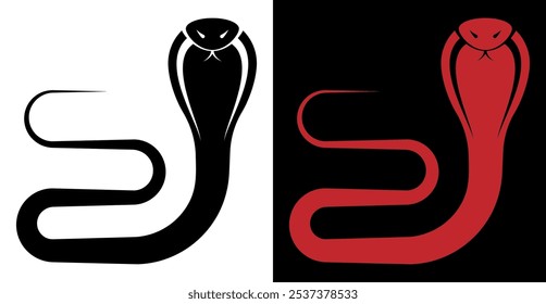 Cobra na postura de luta com capuz silhueta aberta emblema de cobra agressiva. Cobra agressiva pronta para atacar. Vetor minimalista simples isolado no fundo branco e preto