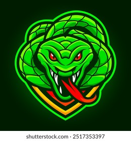 Logo do jogo Cobra. Snake game team mascote do esporte emblema do desenho animado, crachá da cabeça do réptil selvagem veneno cobras predador da vida selvagem face rótulo do clube profissional, ilustração de vetor engenhoso obra de arte original