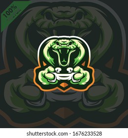Cobra Gamer holding Game-pad Joystick. Mascot logo design modern illustration concept style for badge, emblem, tshirt printing. Gamer illustration for esport team. Scalable and editable Vector.