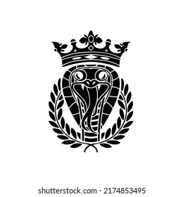 Cobra head with crown and bay, laurel wreath, venomous, poisonous snake, reptile and predator, wild animal, wildlife, vector, illustration in black and white color, isolated on white background