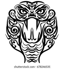 Cobra head sketch tattoo. Patterned colored head of the King Cobra. African, indian tattoo design.