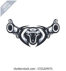  Cobra jefe con dos armas, equipo táctico, arma Airsoft o logo del club de Paintball. Elemento de diseño para el logotipo de la empresa, etiqueta, emblema, vestimenta u otra mercancía. Ilustración de vectores escalable y editable