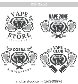 Cobra head vapor e-cigarette vape vaporizer cigarette vape vaporizer electrical electronic smoke vaping label set Vintage style logo. Scalable and editable Vector illustration.