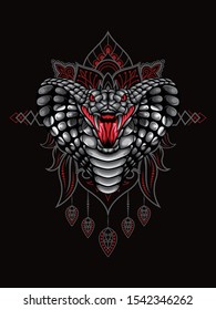 Cobra head vector illustration with mandala as the background ornament, suitable for apparel merchandise, t-shirt or outerwear.