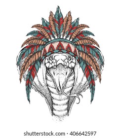 Cobra in the Indian roach. Indian feather headdress of eagle. Hand draw vector  illustration
