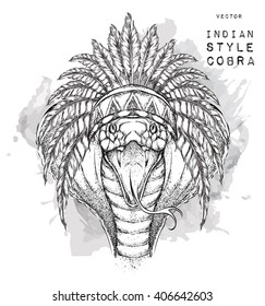 Cobra in the Indian roach. Indian feather headdress of eagle. Hand draw vector  illustration
