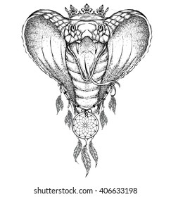 Cobra indian warrior, animal hand drawn illustration, native american poster.  Hand draw vector illustration