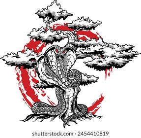 A cobra on a bonsai tree with simple colors is suitable for t-shirt designs