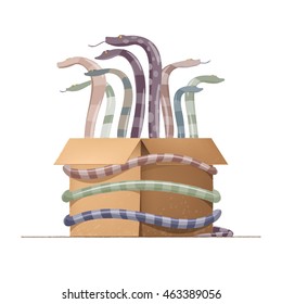 Cobra. The package of snakes. Cardboard box with a reptile. Python. Multicolored leather.
