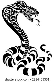 cobra poisonous snake in a defensive position. Attacking posture. Silhouette. Black and white tattoo style vector illustration