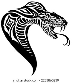 serpiente venenosa de cobra en posición defensiva. Cabeza. Atacando la postura. Silhouette. Ilustración vectorial de estilo tatuado en blanco y negro