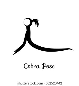 Cobra Pose, Bhujangasana. Yoga Position. Vector Silhouette Illustration. Vector graphic design or logo element for spa center, studio, poster. Yoga retreat. Black. Isolated.