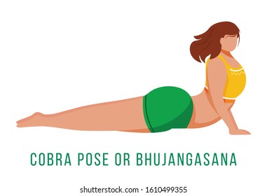 Cobra pose flat vector illustration. Bhujangasana. Caucausian woman performing yoga posture in green and yellow sportswear. Workout. Physical exercise. Isolated cartoon character on white background