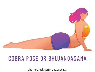 Cobra pose flat vector illustration. Bhujangasana. Caucausian woman doing yoga in orange and purple sportswear. Workout, fitness. Physical exercise. Isolated cartoon character on white background