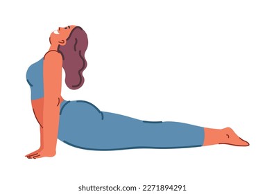 Cobra pose yoga practice and strengthening of body and muscles. Isolated women in sport suit working out, bhujangasana stretching girl. Wellness and healthcare, wellbeing. Vector in flat style