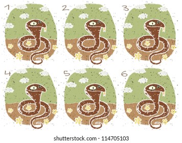 Cobra Puzzle ... Task: Find two images that are alike! (match pairs); Answer: No. 1 and 6.