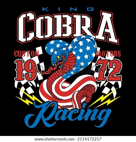 Cobra Racing Aggressive snake with checkered flag and American flag vector t-shirt fashin design 