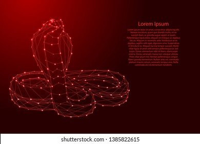 Cobra in a rack with the parted ribs in the form of a hood from futuristic polygonal red lines and glowing stars for banner, poster, greeting card. Vector illustration.