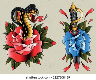 cobra in rose and dagger rose traditional tattoo