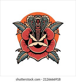 Cobra In The Rose Tattoo Vector Design