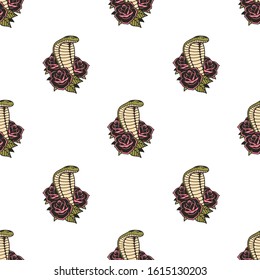 COBRA WITH ROSES COLOR SEAMLESS PATTERN WHITE BACKGROUND