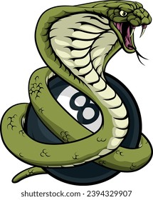 A cobra snake angry mean pool billiards mascot cartoon character holding a black 8 ball. 