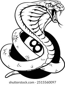 A cobra snake angry mean pool billiards mascot cartoon character holding a black 8 ball. 