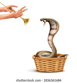 Cobra and snake charmer realistic composition with isolated images of human hands playing pipe and snake vector illustration