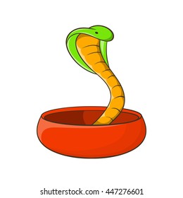 Cobra snake coming out of a bowl icon in cartoon style on a white background