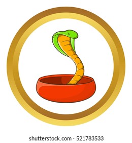 Cobra snake coming out of a bowl vector icon in golden circle, cartoon style isolated on white background