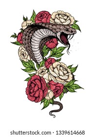 Cobra snake and flowers hand drawn illustration. Tattoo vintage print. Hand drawn floral print. Tattoo design.