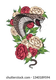 Cobra snake and flowers hand drawn illustration. Tattoo vintage print. Hand drawn floral print. Tattoo design.