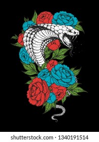 Cobra snake and flowers hand drawn illustration. Tattoo vintage print. Hand drawn floral print. Tattoo design.