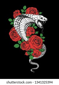 Cobra snake and flowers hand drawn illustration. Tattoo vintage print. Hand drawn floral print. Tattoo design.
