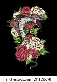 Cobra snake and flowers hand drawn illustration. Tattoo vintage print. Hand drawn floral print. Tattoo design. 