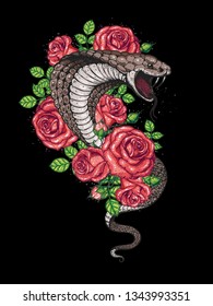 Cobra snake and flowers hand drawn illustration. Tattoo vintage print. Hand drawn floral print. Tattoo design. 