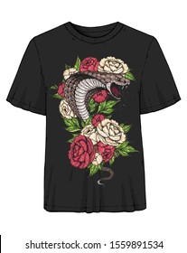 Cobra snake and flowers hand drawn illustration. Tattoo vintage print. Hand drawn floral print. Tattoo design template.