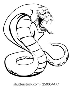A cobra snake with hood up and tongue out about to strike