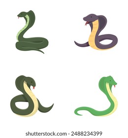 Cobra snake icons set cartoon vector. Cartoon cobra character. Animal, reptile