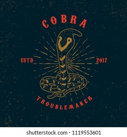 Cobra. Snake illustration on grunge background. Design element or poster, card, print, emblem, sign. Vector image