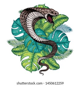 Cobra snake and palm leaves hand drawn illustration. Tattoo vintage print. Hand drawn print. Tattoo design. Sketch illustration. Tropical print.